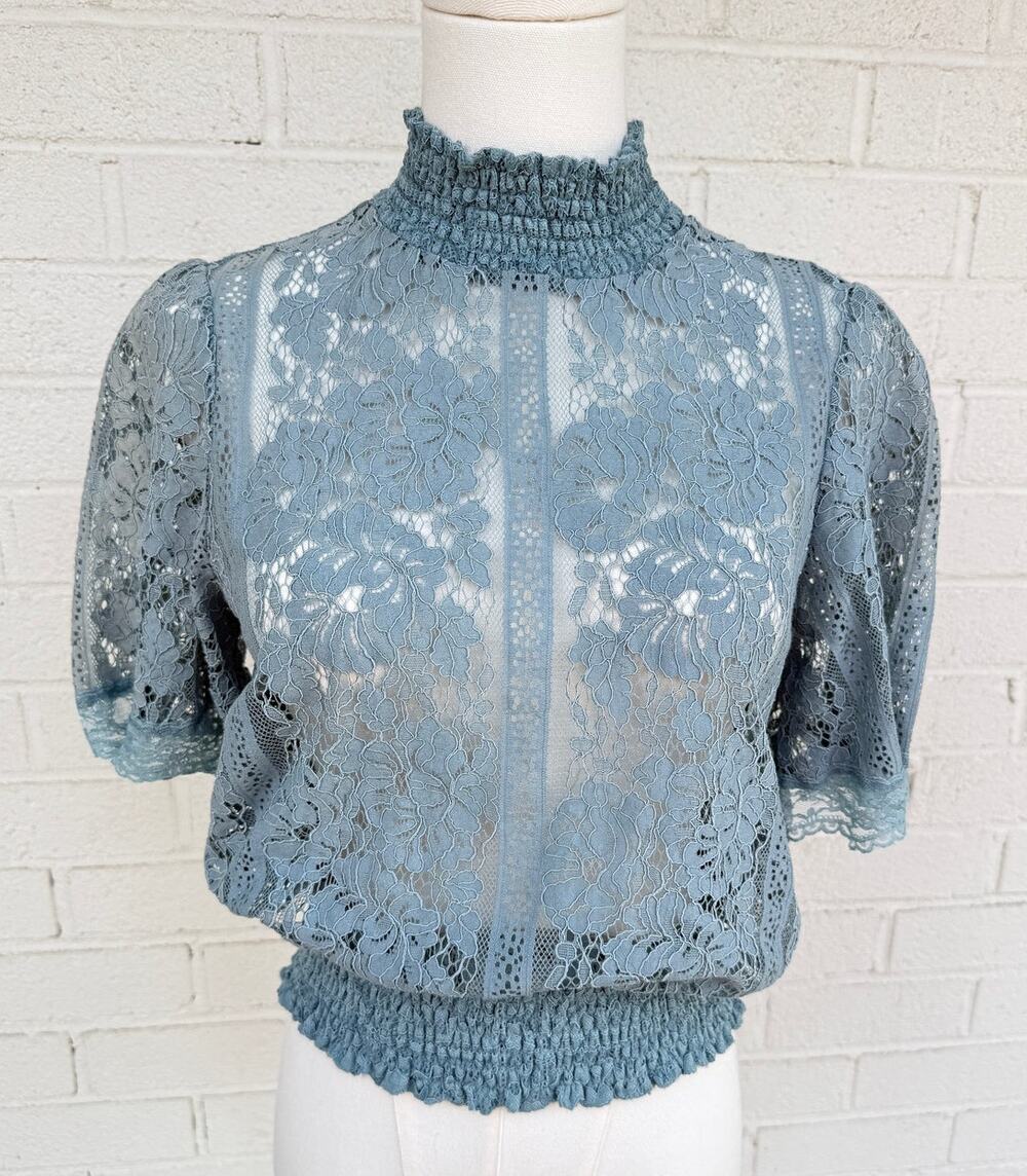 Peach Medium Blue Lace Smocked Mock Neck Puff Sleeve Blouse Top Feminine